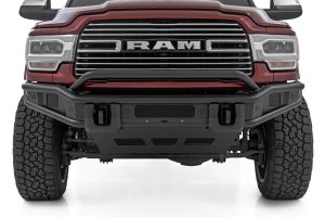 Ram 3500 Bumper - Front - Rough Country - Tubular, With Stinger Bar + Skid Plate, Light Bar Mount - Satin Black - '19-'26
